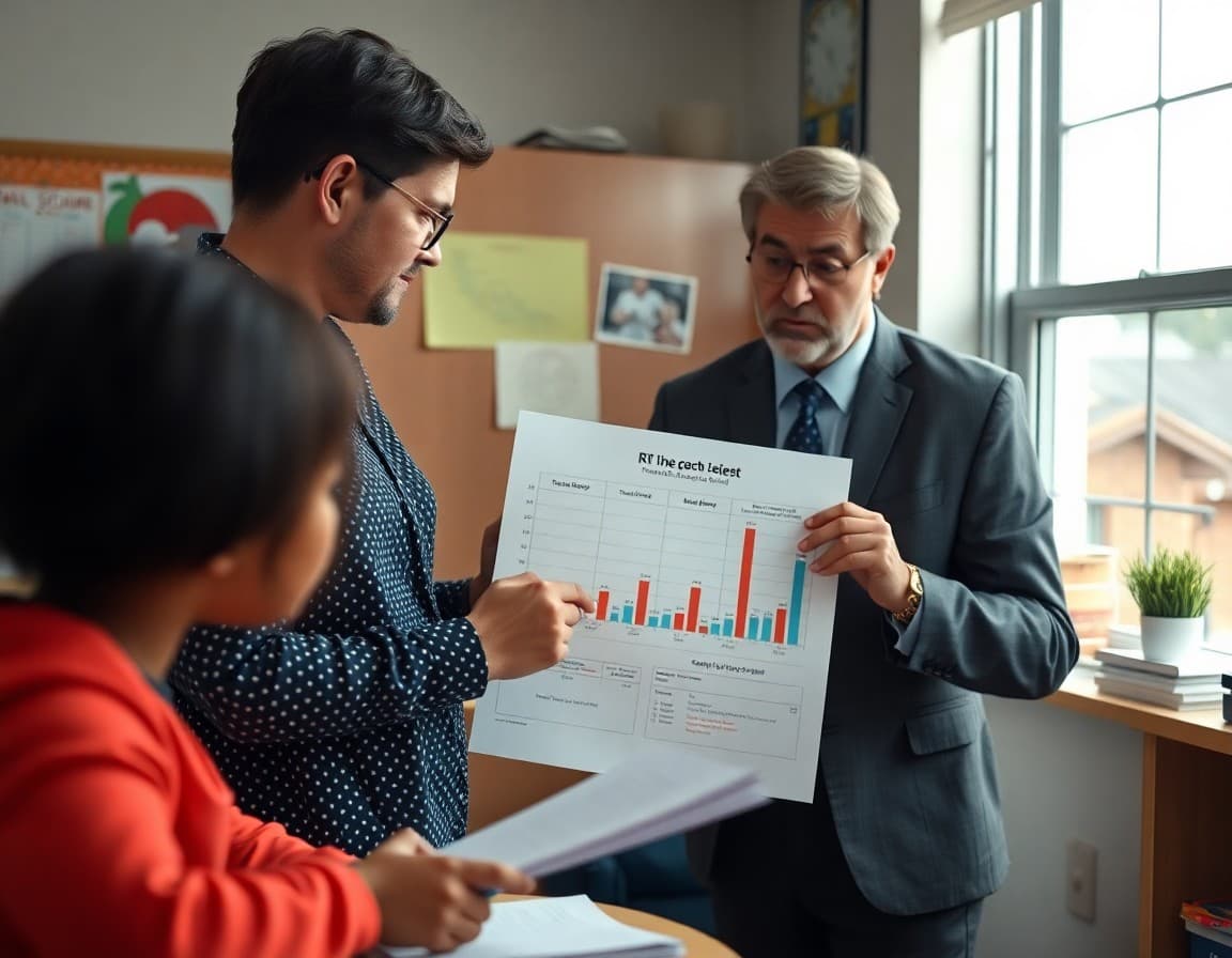 Teacher reviewing RTI data chart with principal in school office showing student progress graphs