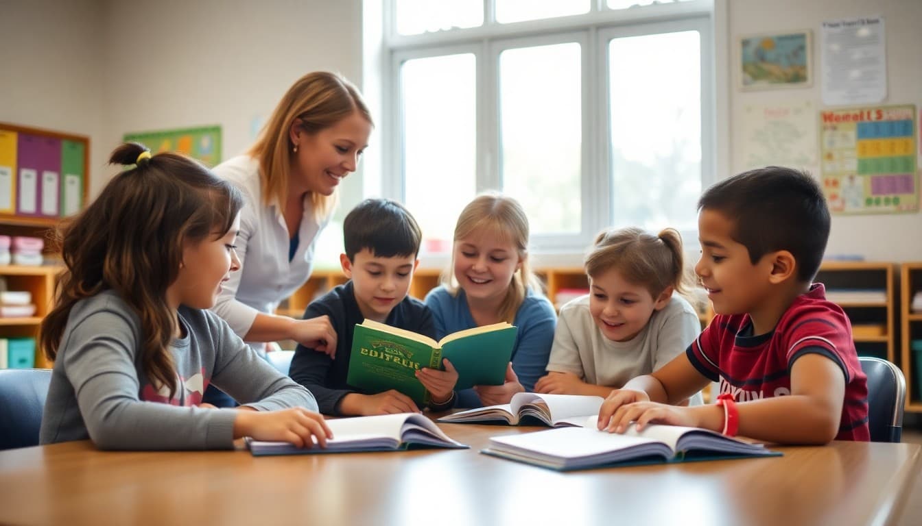 Reading specialist working with small group of students in intervention session in elementary school