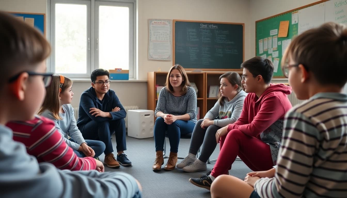 Students and a teacher seated in a circle for a restorative conversation