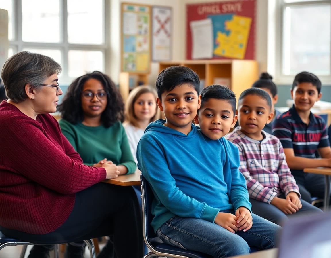 Families and students seated in a structured restorative conference setting at a school