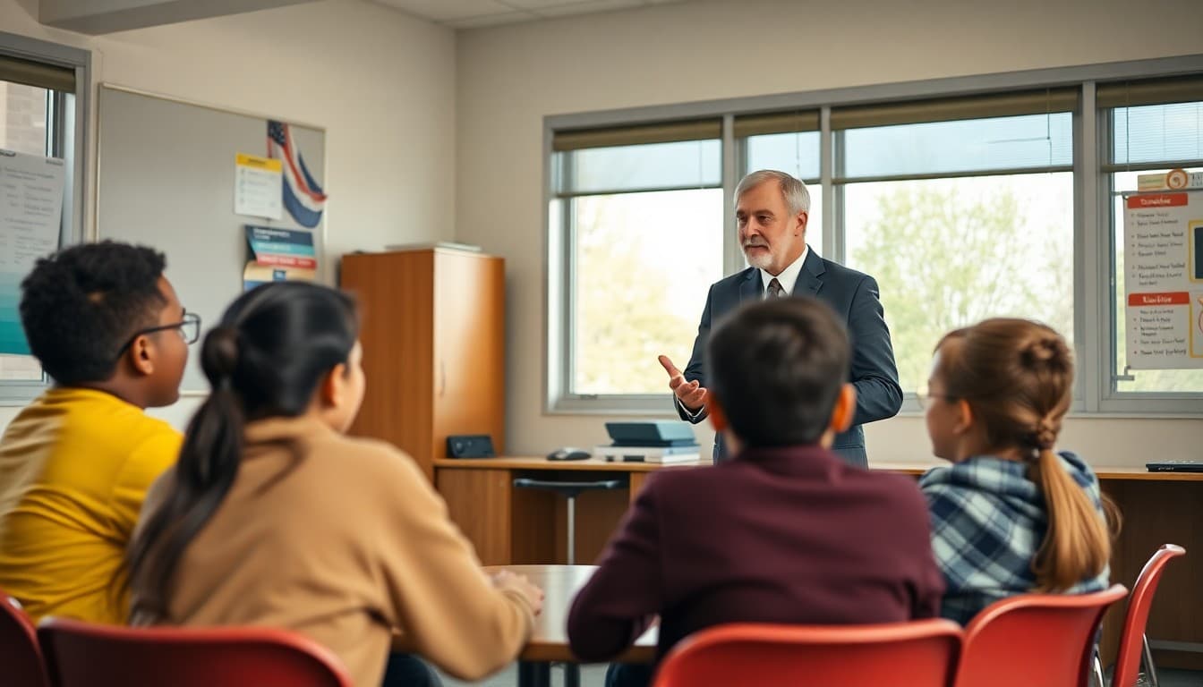 Administrator facilitating a restorative meeting between students in a school conference room
