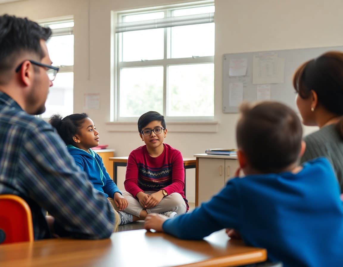 Principal facilitating a restorative conversation with two students and their parents
