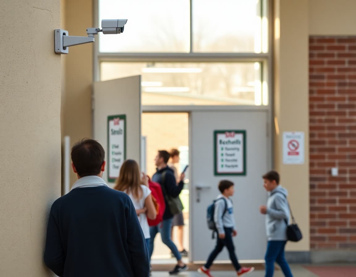 School building exterior with security camera and secure entrance showing visible safety measures
