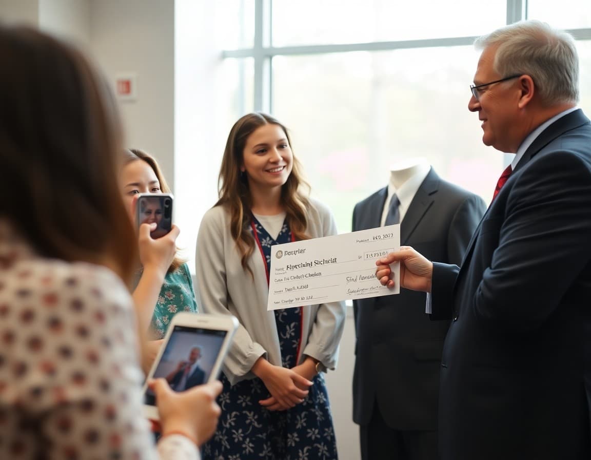 Principal presenting scholarship check to graduating senior while family takes photos at award event