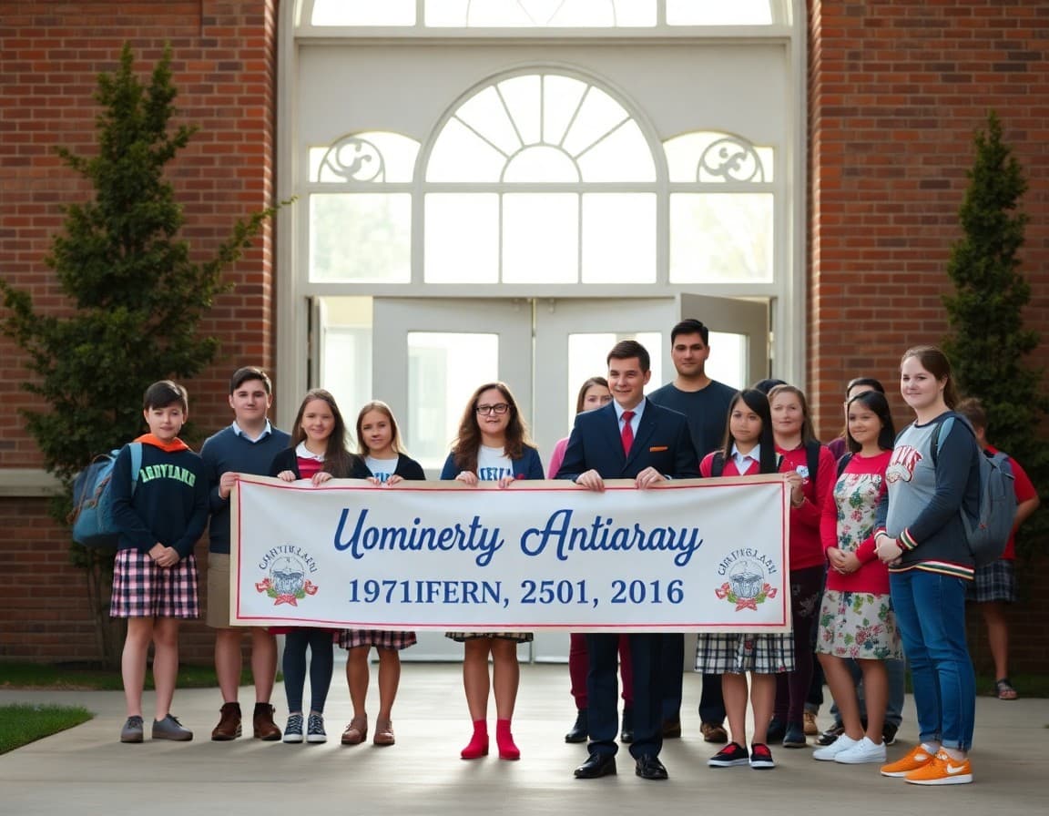 Students and staff gathered outside school building holding anniversary banner