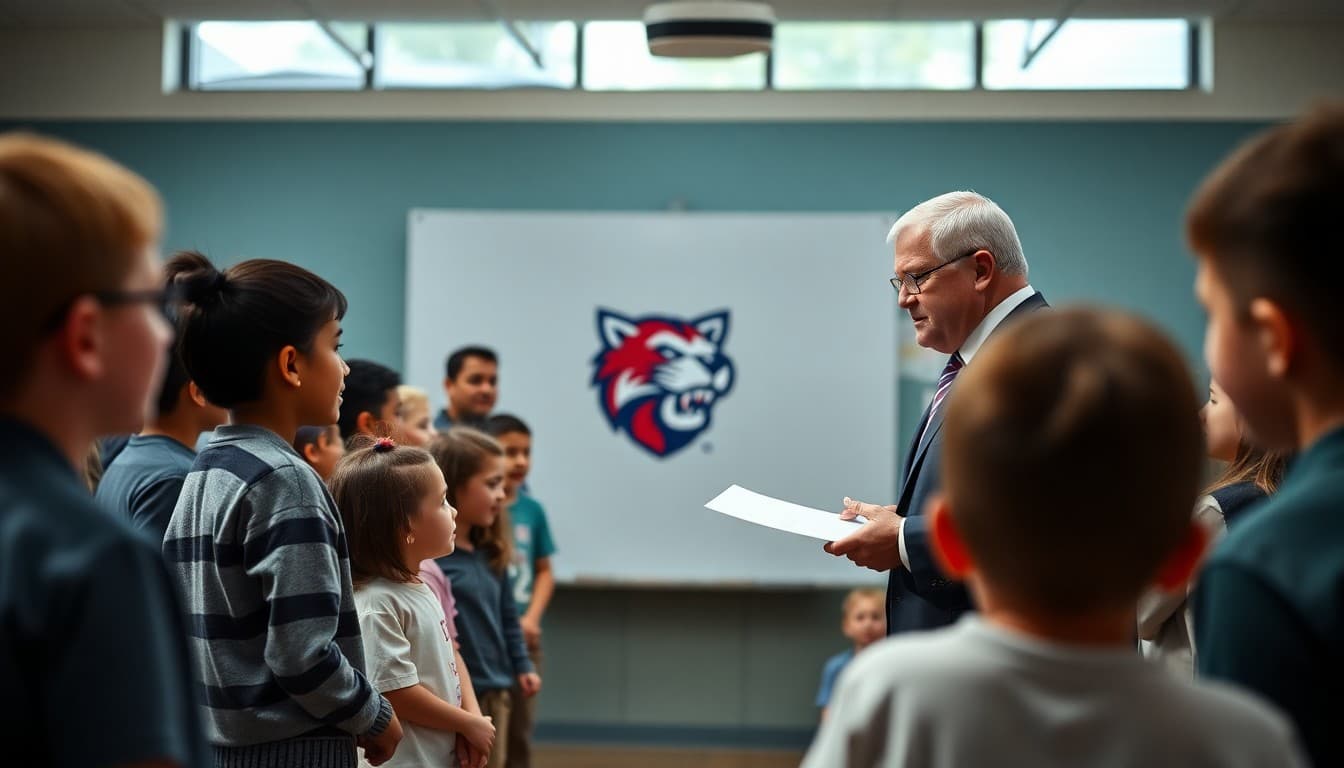 Principal unveiling a new school mascot and logo to students and families at a school assembly
