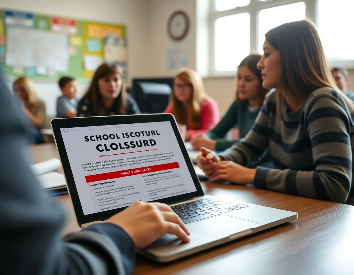 School closure communication newsletter on a laptop in a community meeting setting