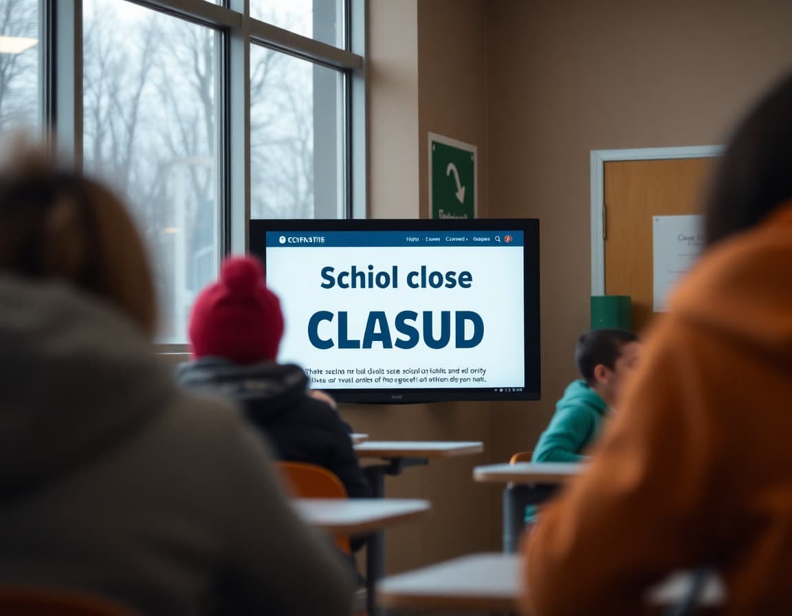 School closure announcement displayed on a website and notification app during a winter storm