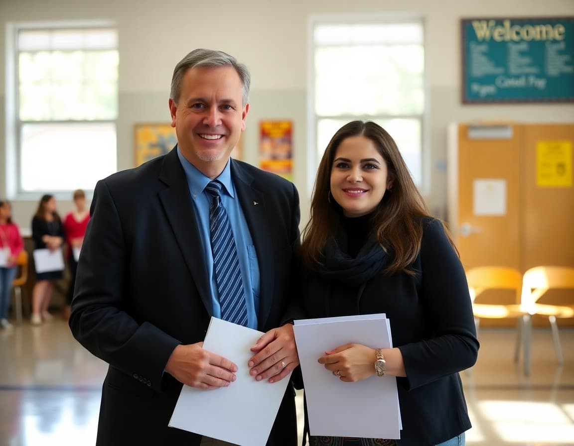 Principal and new school counselor standing together at a school welcome event