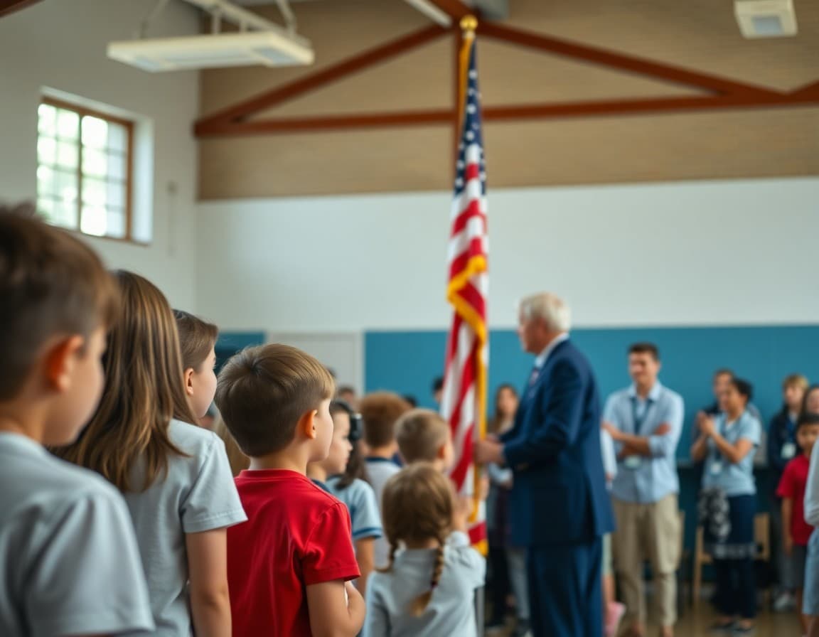 Students and teachers gathered for a patriotic flag ceremony at a school assembly