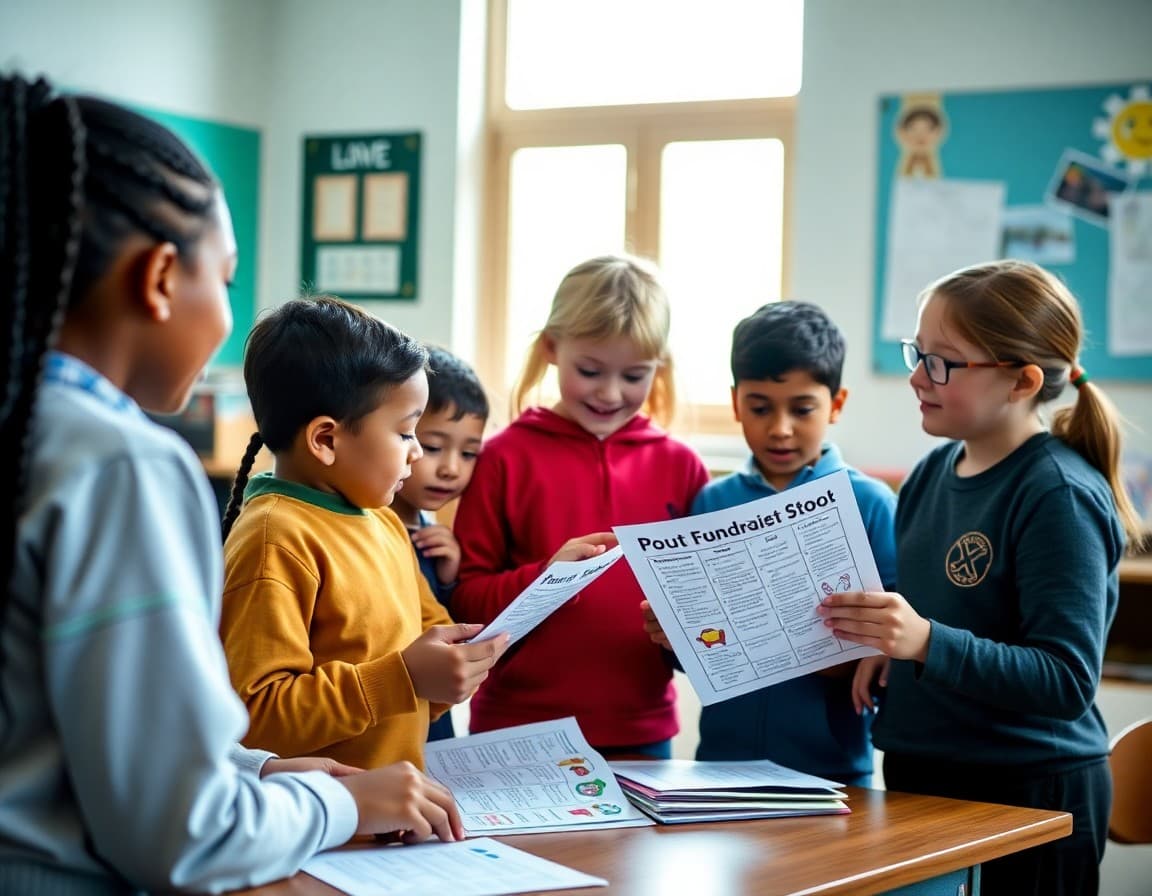 Students reviewing school fundraiser participation materials with their teacher