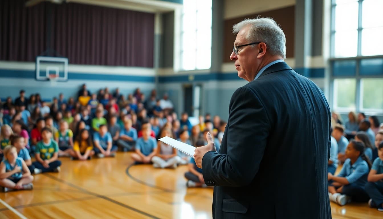 Principal announcing a school fundraiser kick-off to students in a gymnasium assembly