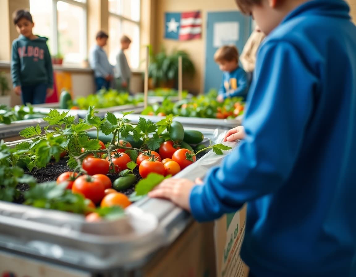 Elementary school garden beds full of tomatoes cucumbers and herbs tended by students