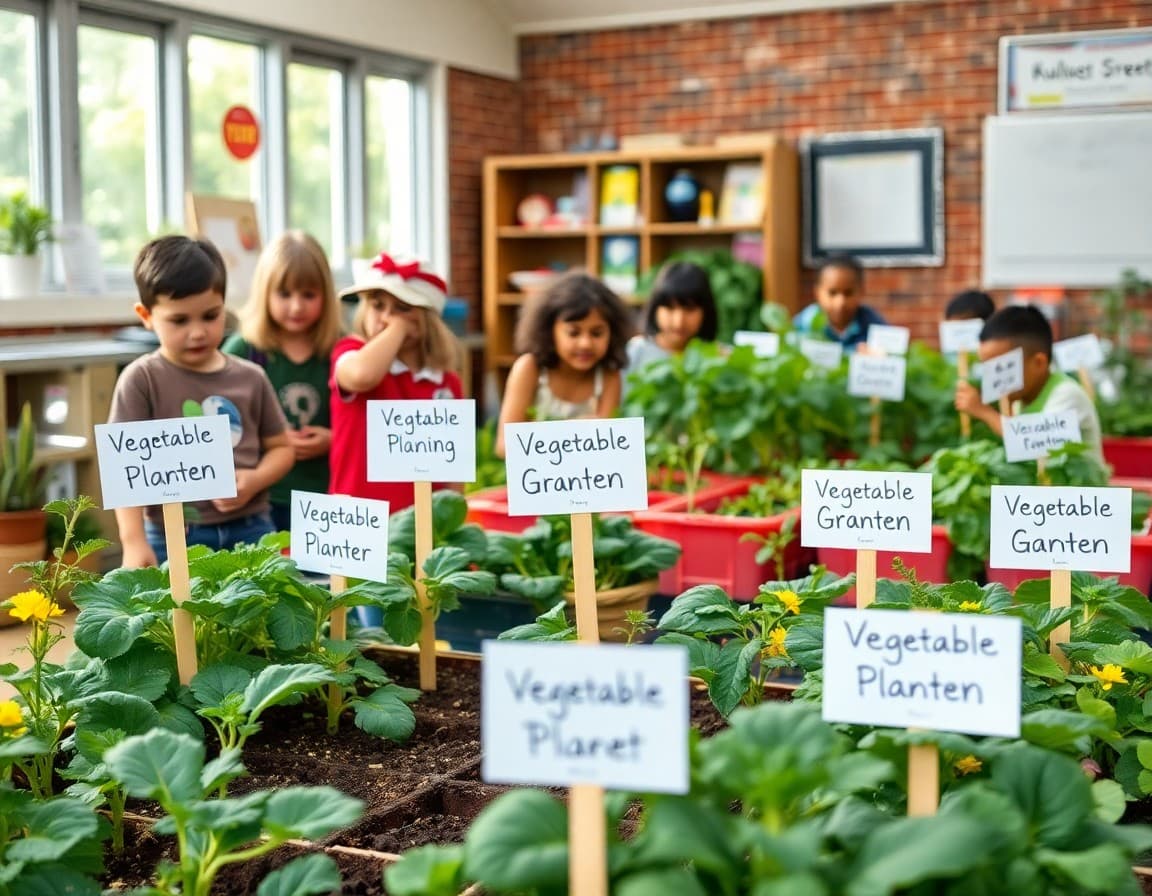 Thriving school vegetable garden with student-made signs identifying each plant