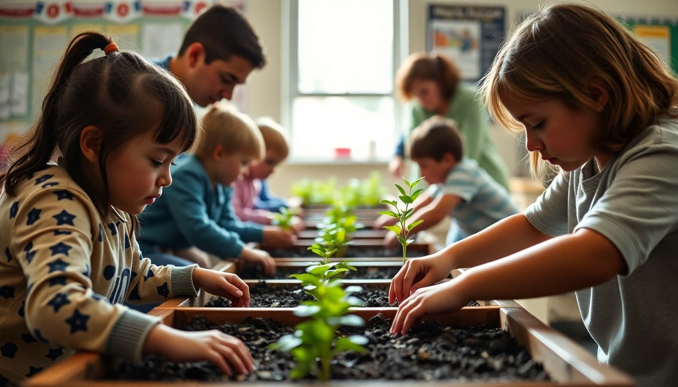 Elementary students planting seedlings in raised garden beds with teacher guidance