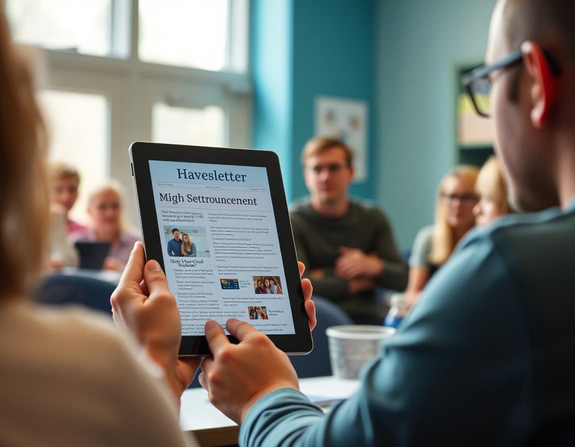 School merger announcement newsletter displayed on a tablet at a community meeting