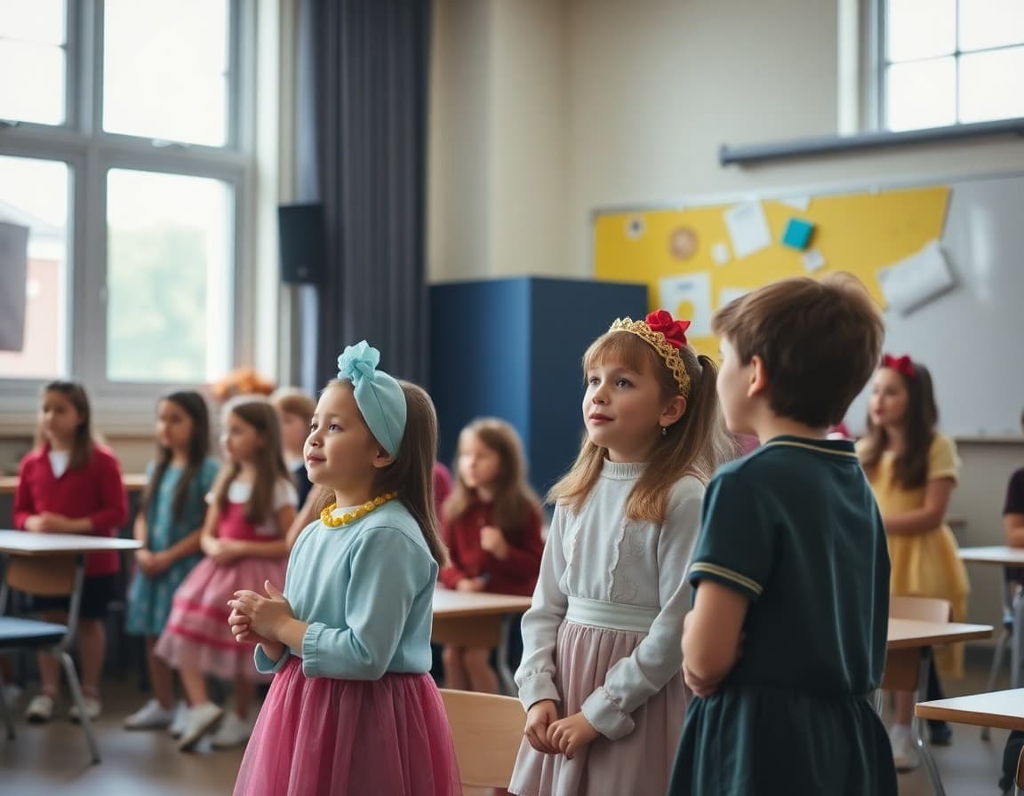 Students rehearsing for school musical production with costumes and stage lighting setup