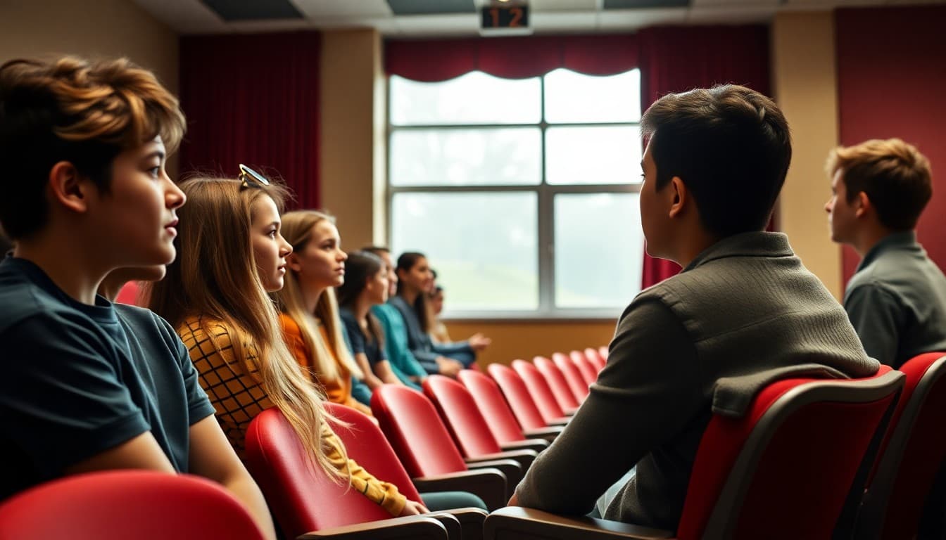 High school students auditioning for school musical with director watching from theater seats
