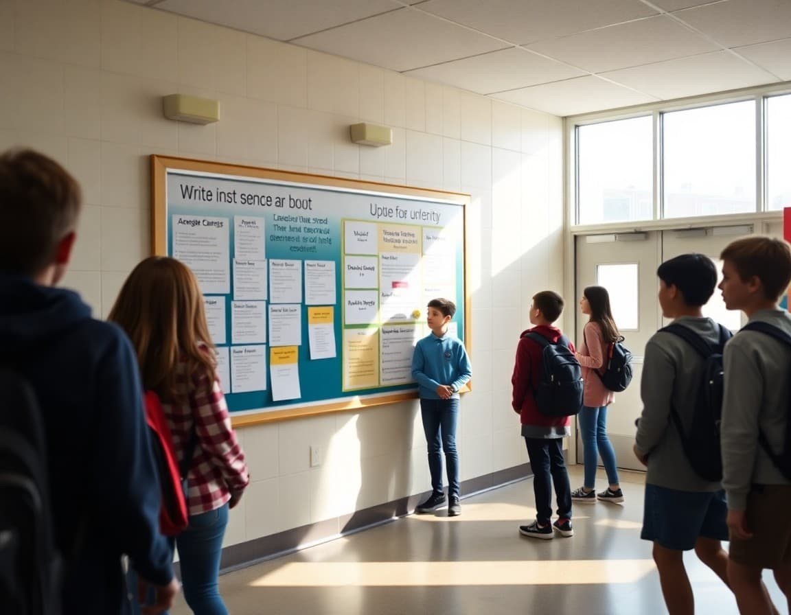 School hallway bulletin board showing student achievements and upcoming events
