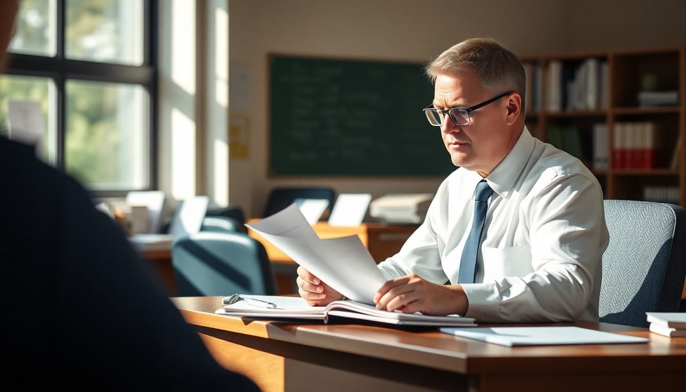 Principal at a desk reviewing notes for the monthly school news newsletter
