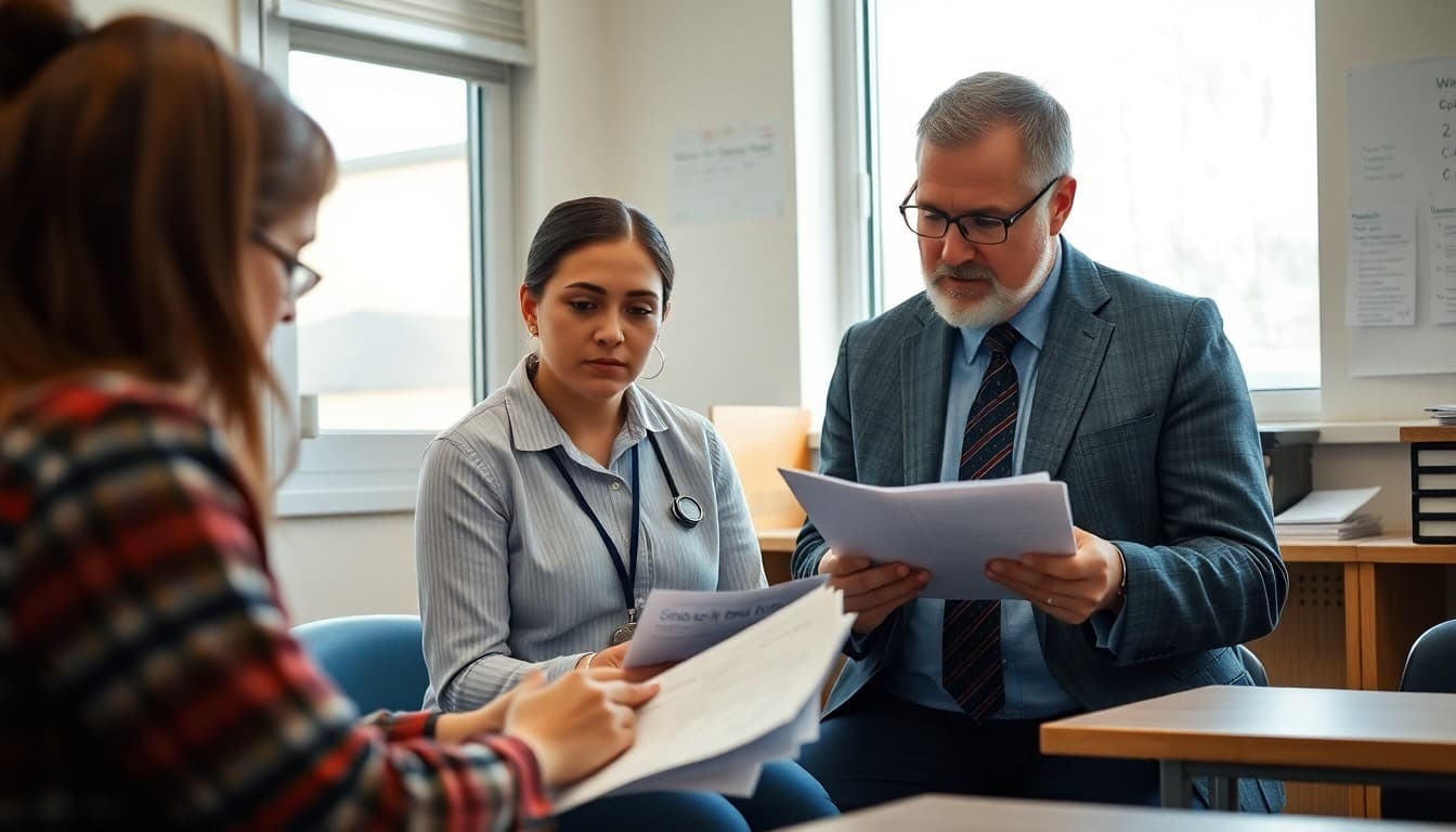 School psychologist reviewing data with a teacher in a school office