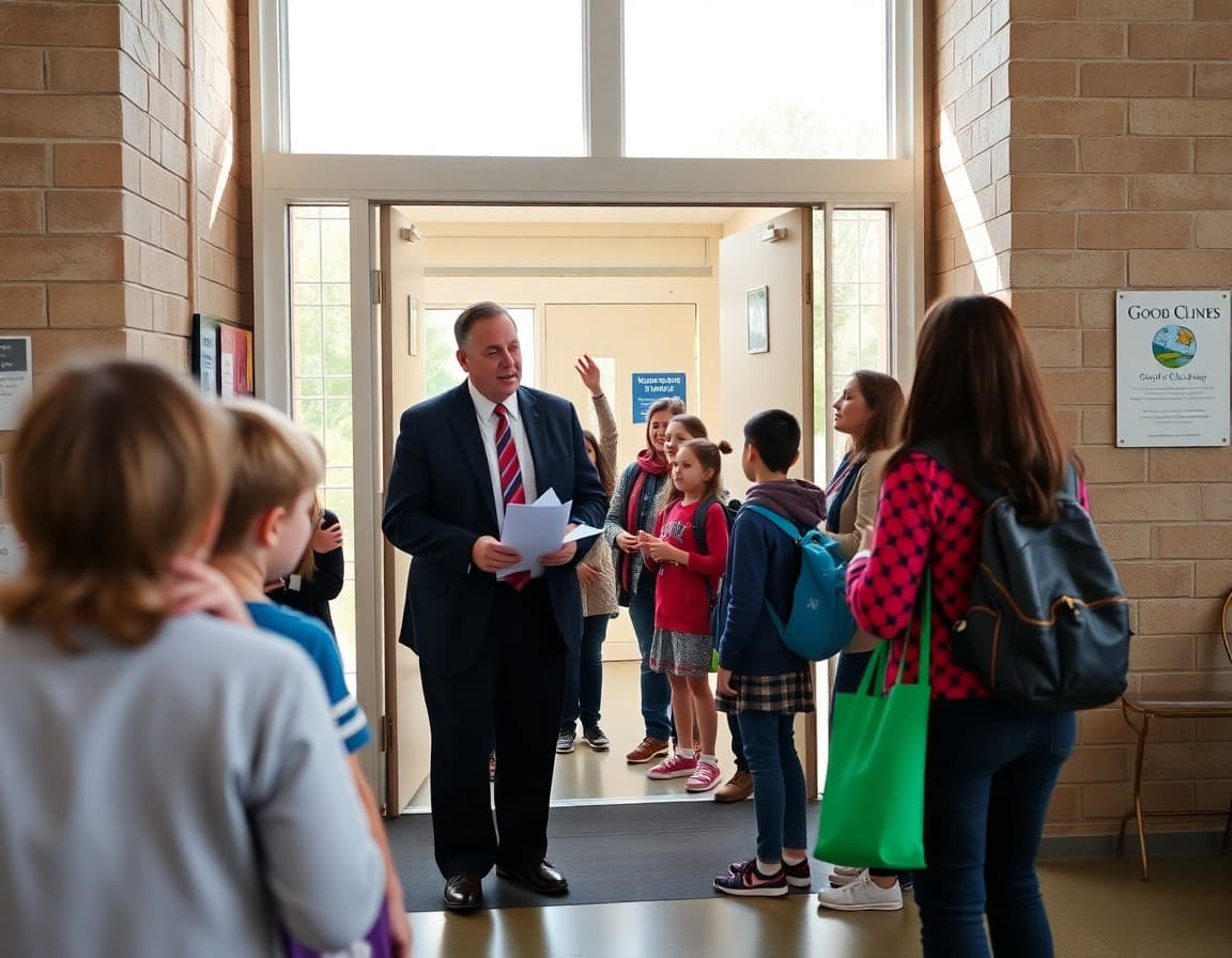 Principal welcoming students and parents at the school entrance on reopening day