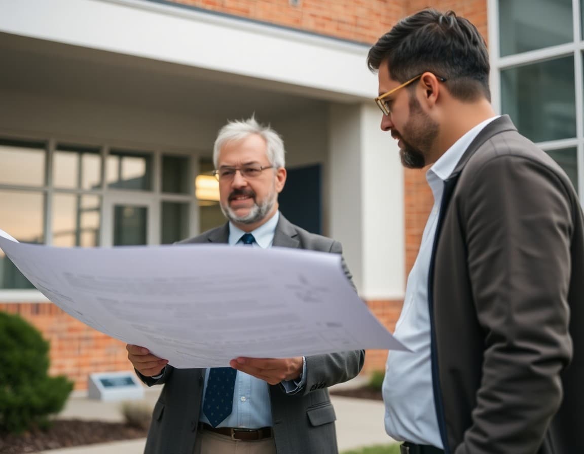 School principal reviewing renovation plans with facilities director outside school building