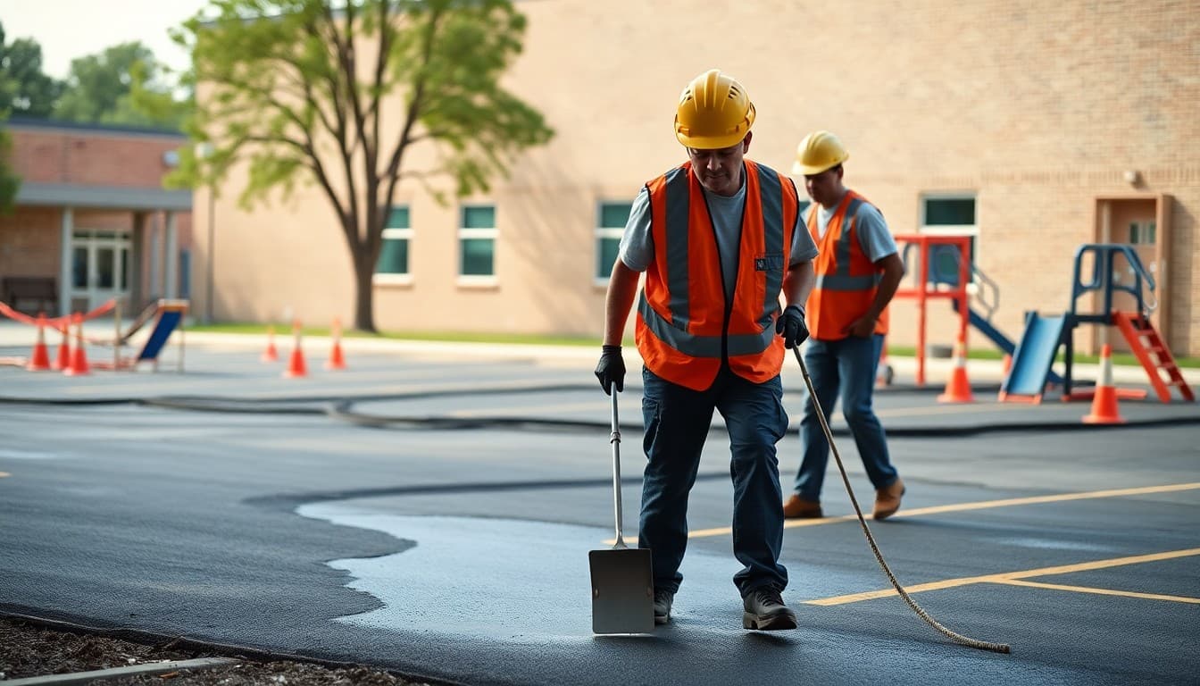 Construction workers repaving school parking lot and playground area during summer facility improvement project