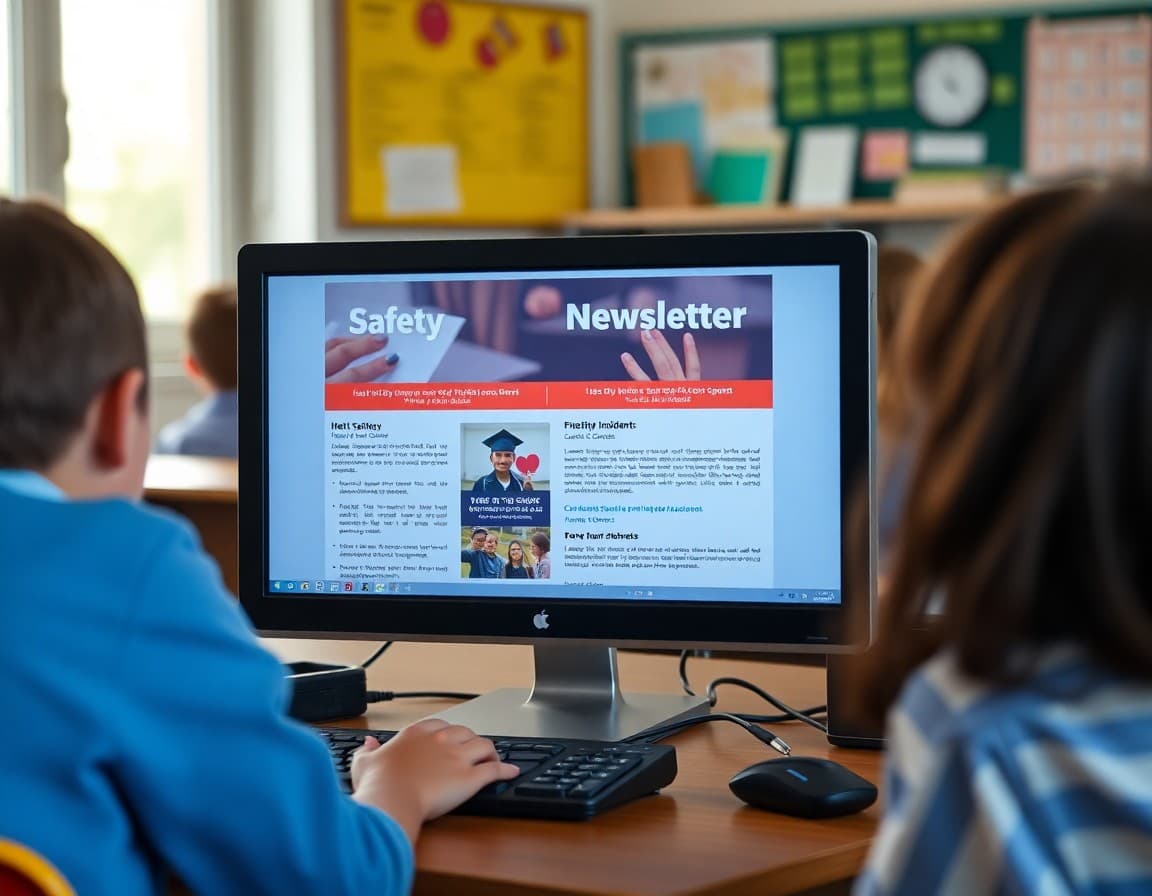 Safety incident newsletter template on a school computer screen