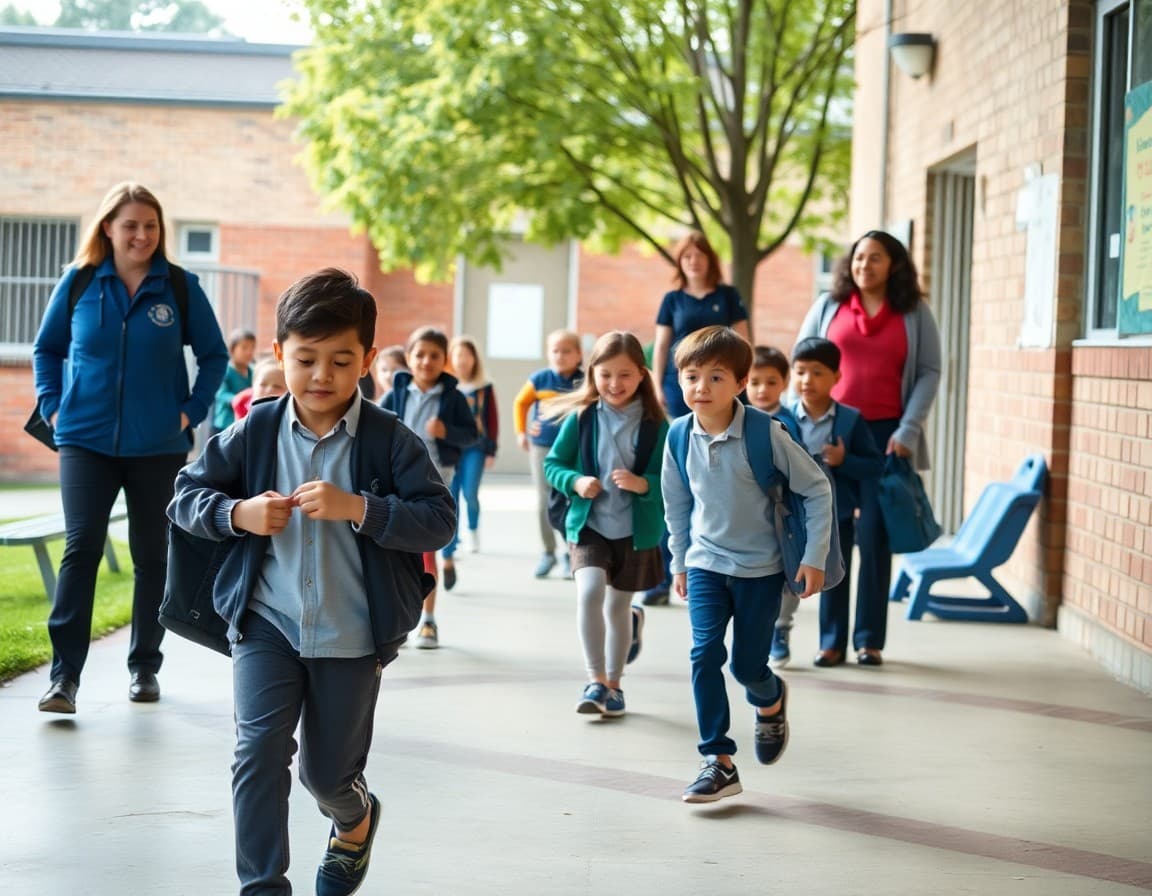 Students practicing an orderly evacuation drill on the school grounds with teachers