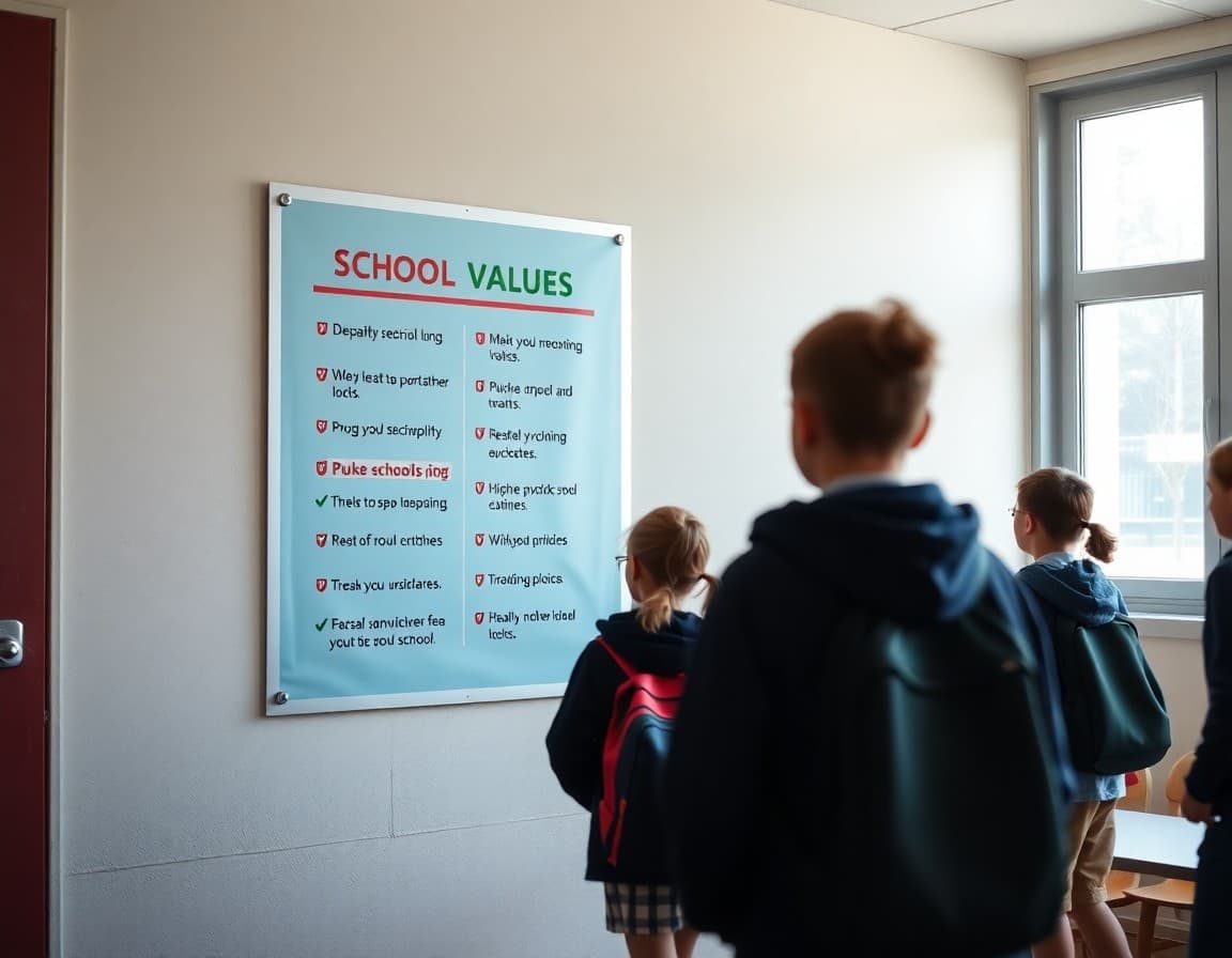 Colorful poster on school wall showing school values and expectations