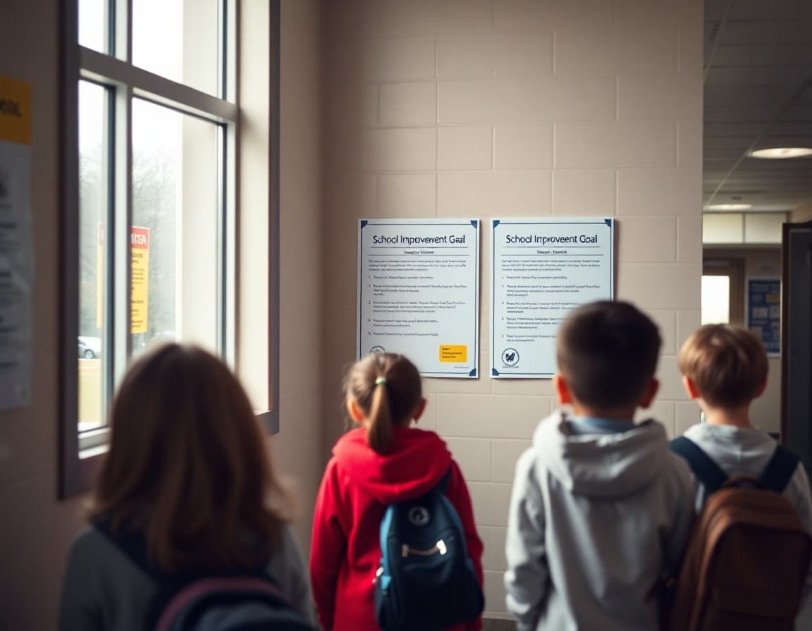 School improvement goal posters displayed on a hallway wall for students and families to see