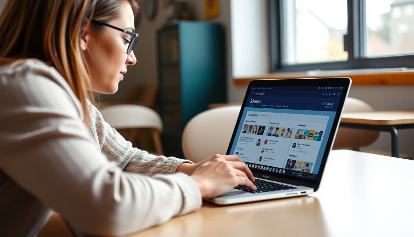 Parent reviewing student coursework on Schoology learning management system on laptop