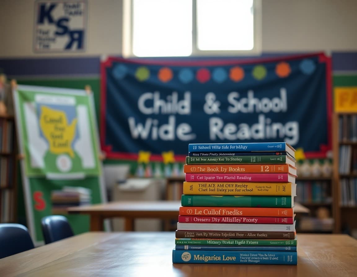 Stack of children's books on a library table with a banner celebrating school-wide reading