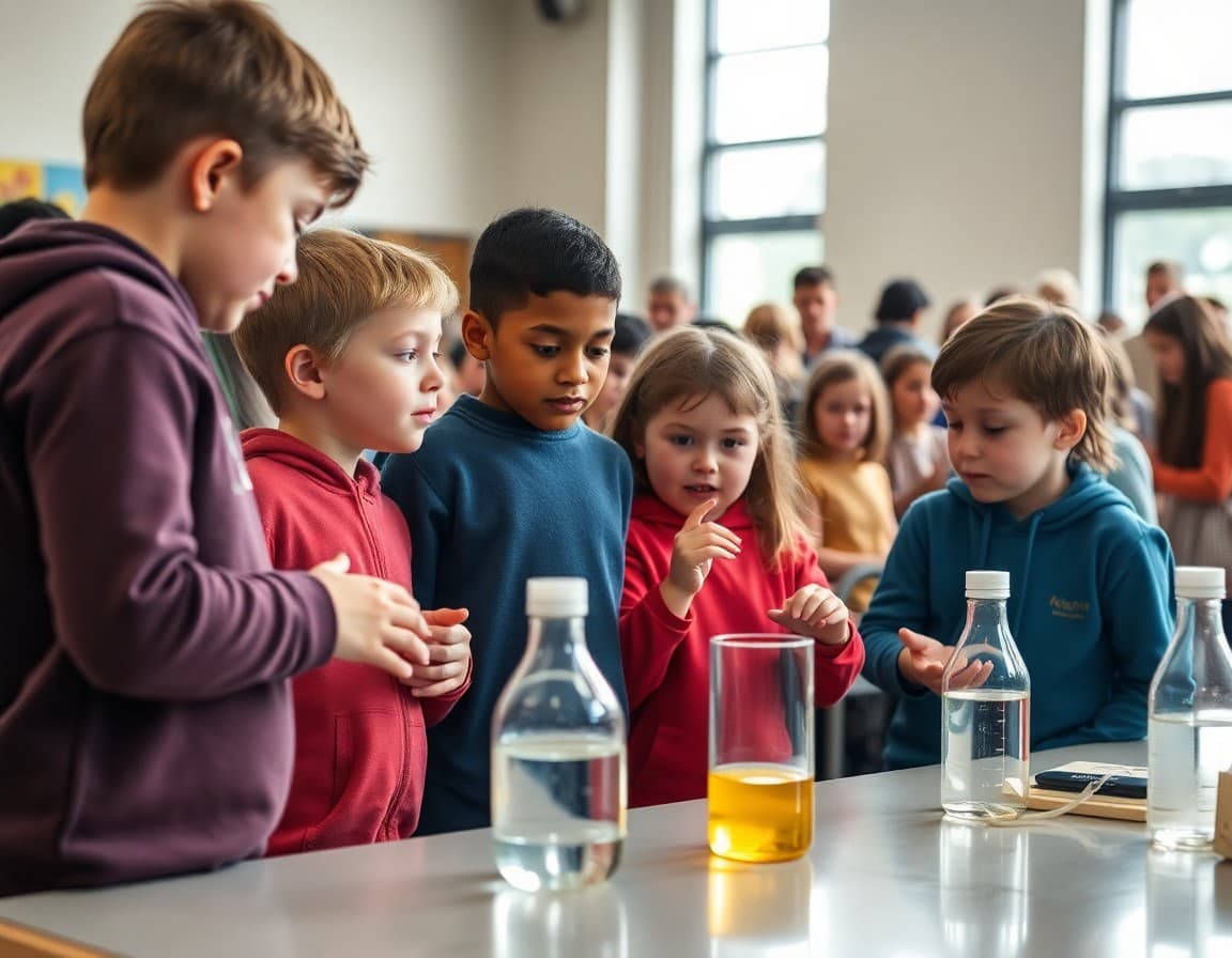 Elementary students demonstrating science experiment at school science fair to crowd of parents