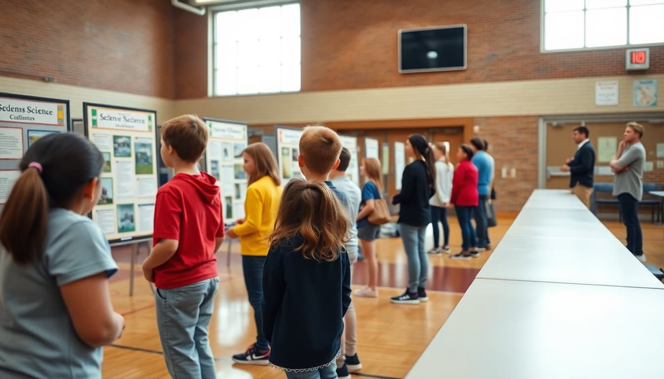 Students presenting science fair projects on display boards in school gymnasium to parents and judges