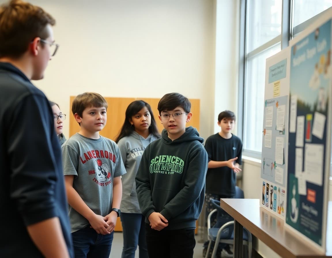 Students presenting Science Olympiad engineering project to judges at regional competition