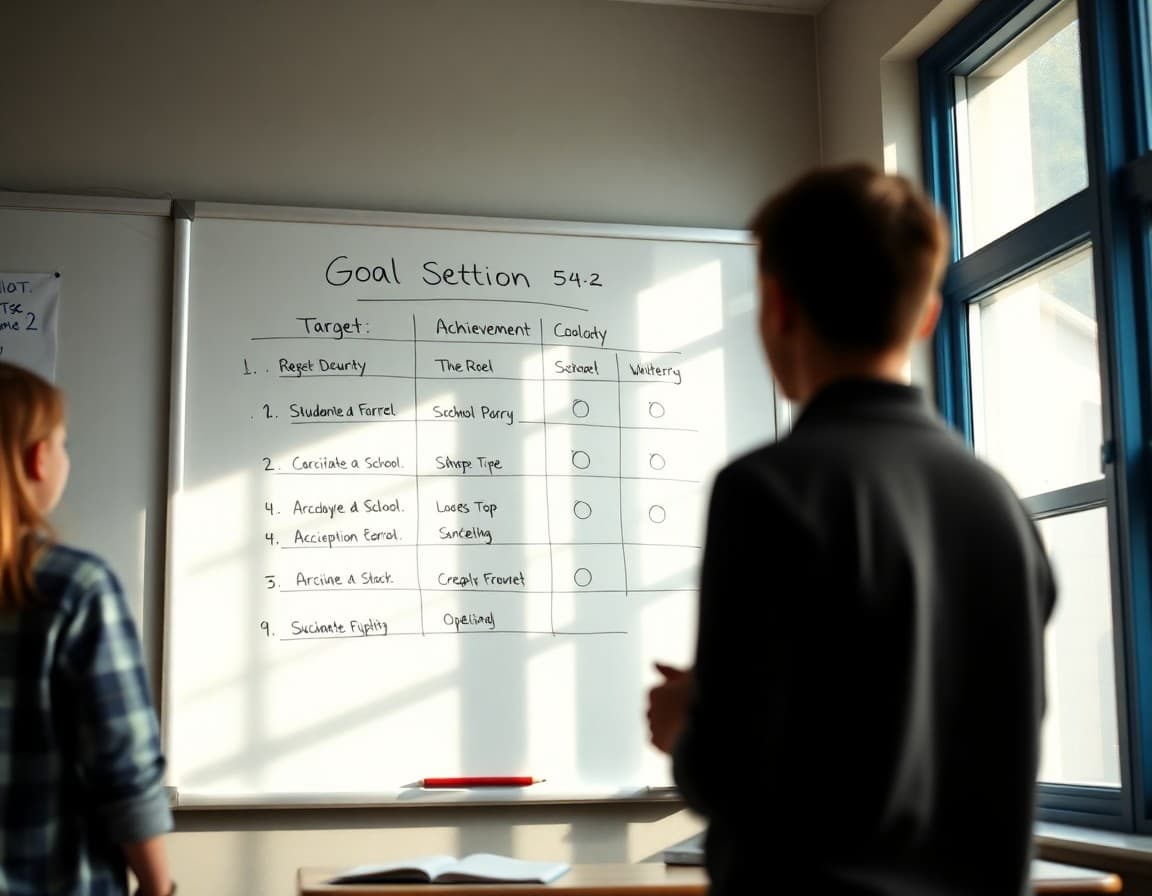 School goal-setting whiteboard with student achievement targets for second semester