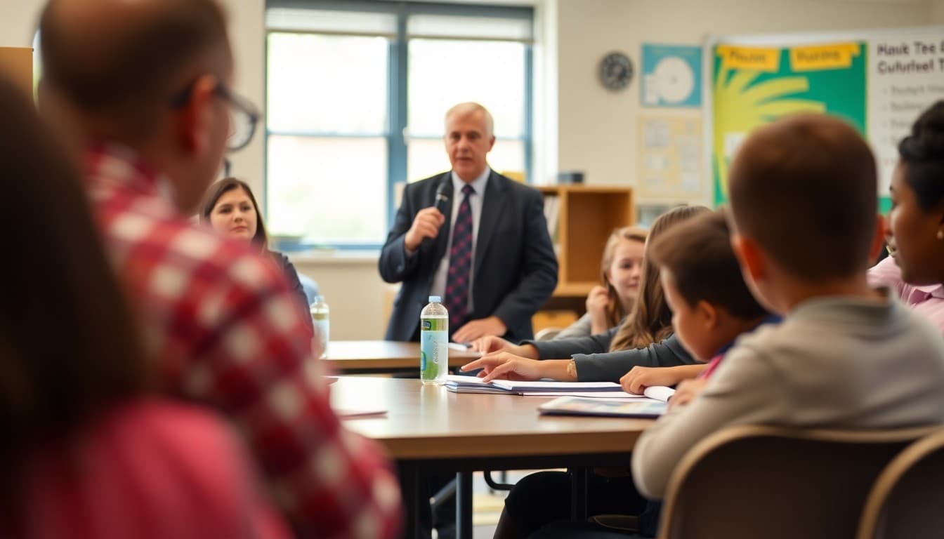 Principal speaking candidly to school families about second-year priorities at a community forum