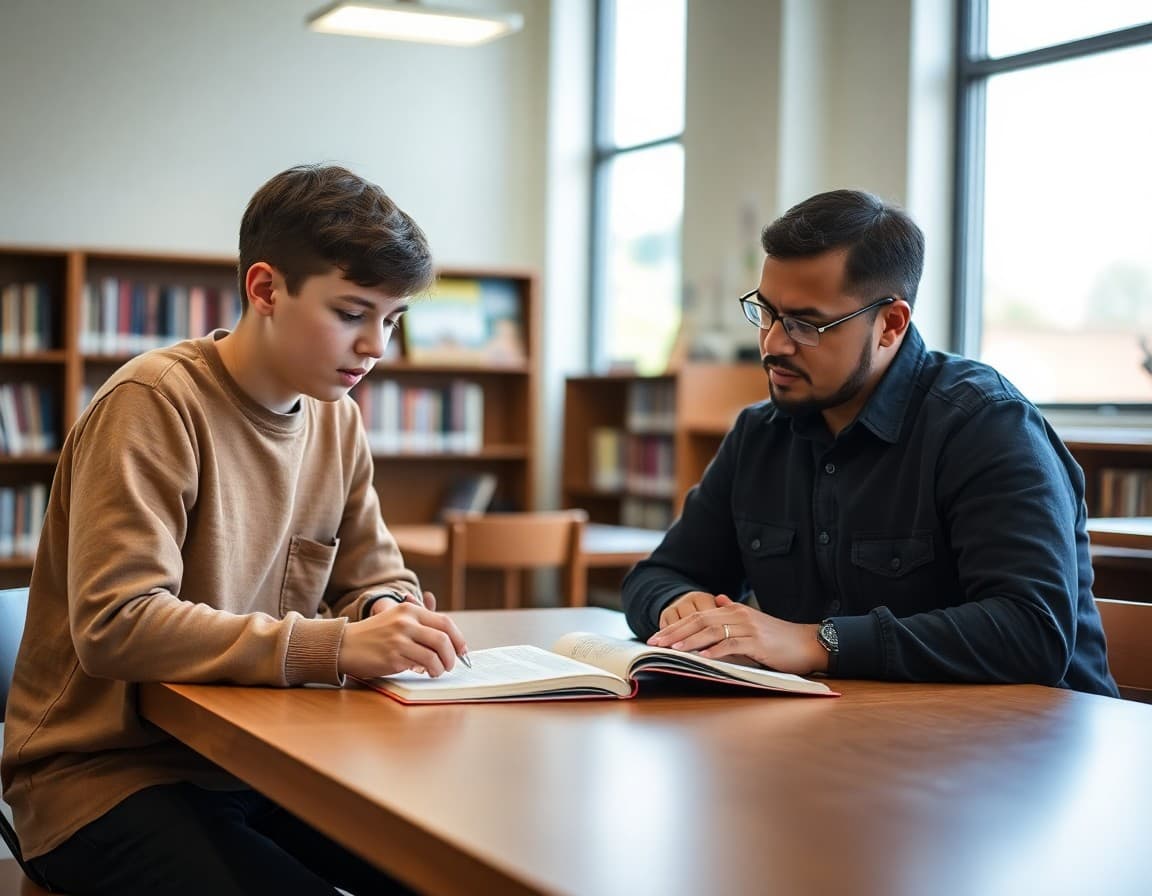 Student and community mentor reviewing capstone project together at school library table