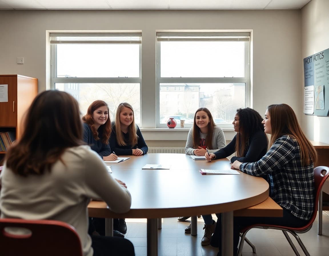 High school senior class officers meeting with principal and student council advisor
