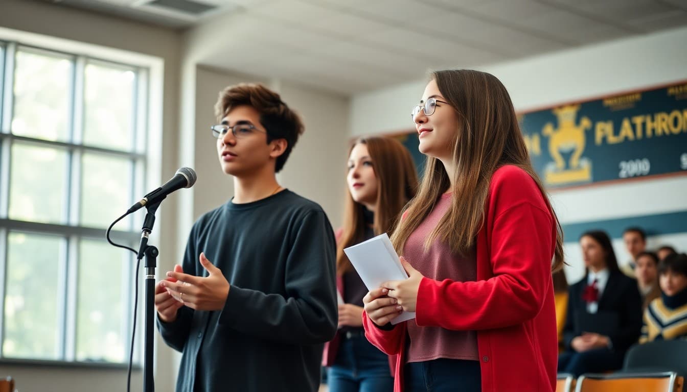 Senior class president giving speech at school assembly with principal beside them on stage