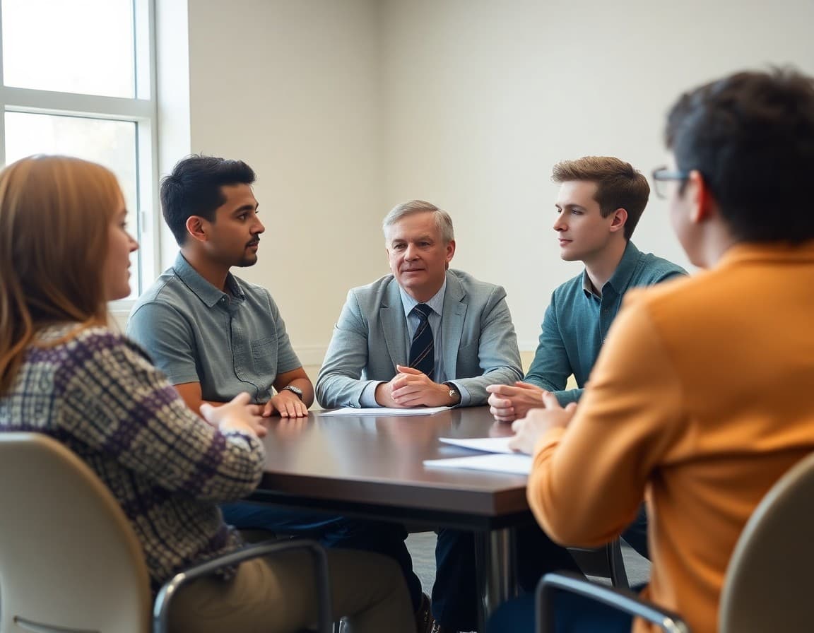 School administrator meeting with senior class officers about graduation conduct expectations in conference room