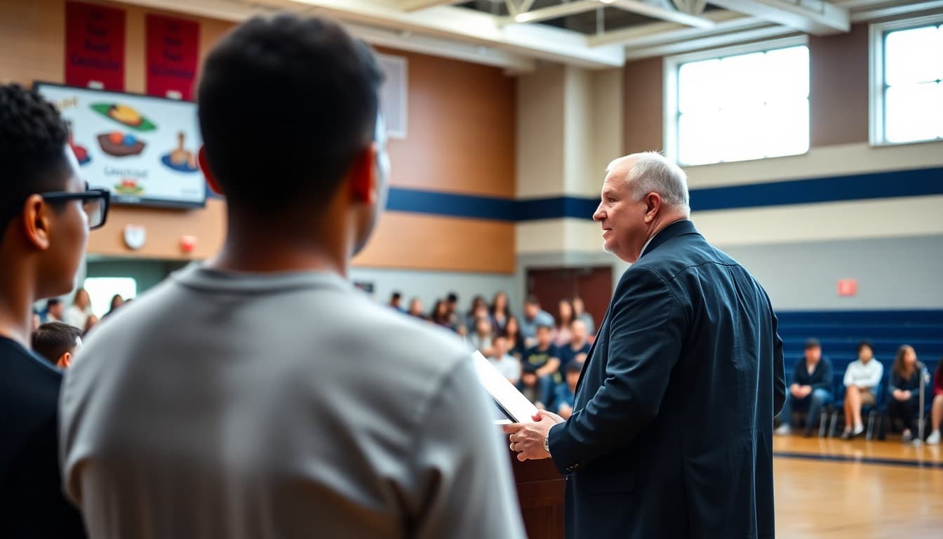 High school principal speaking at podium during senior meeting in school gymnasium about graduation expectations