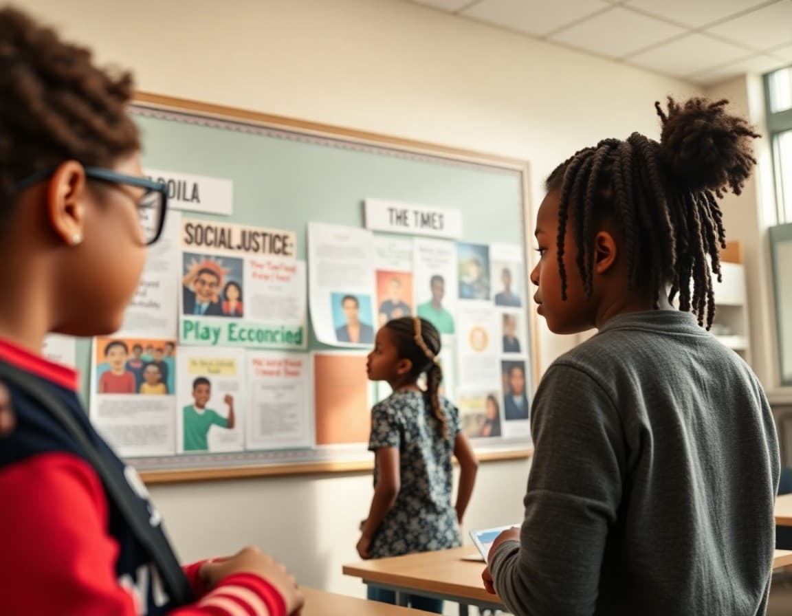 Social justice themed student projects displayed on classroom bulletin board