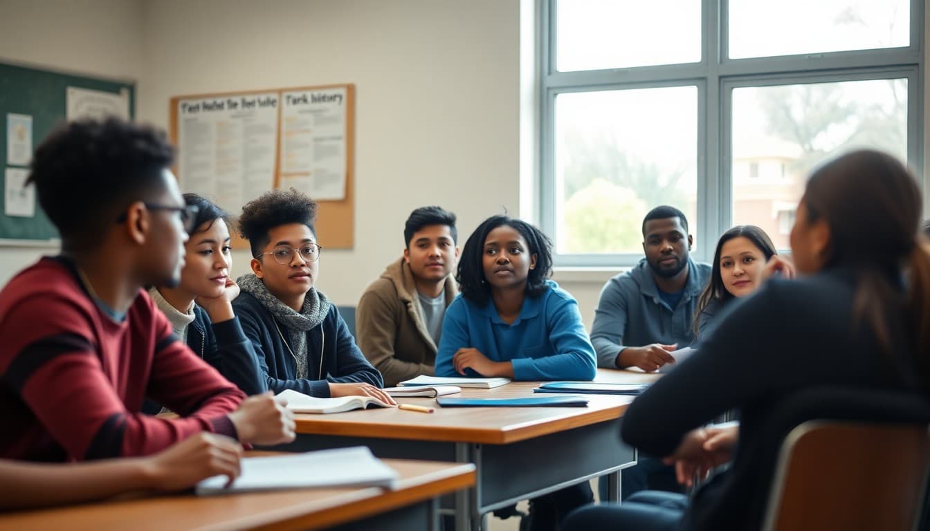 Diverse students in class discussion about civil rights history with teacher facilitating