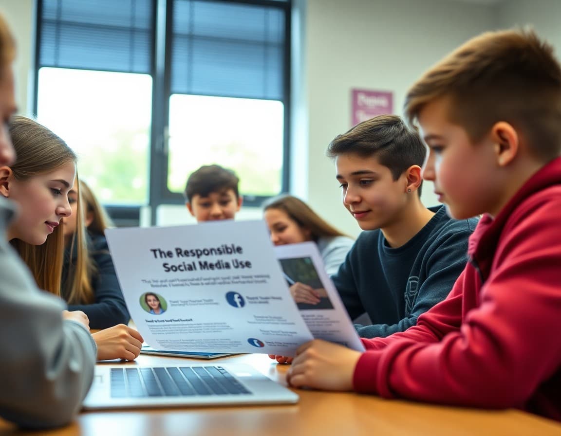 Students reviewing responsible social media use materials in a digital citizenship class