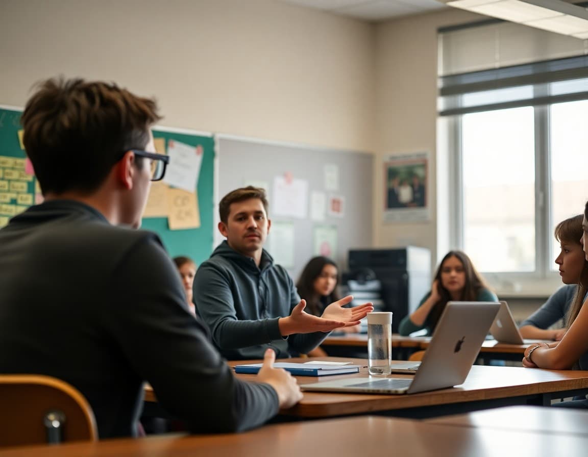 Teacher addressing students about responsible technology use at a high school class