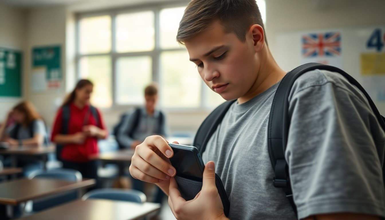 High school student placing phone in a phone pouch before entering a classroom