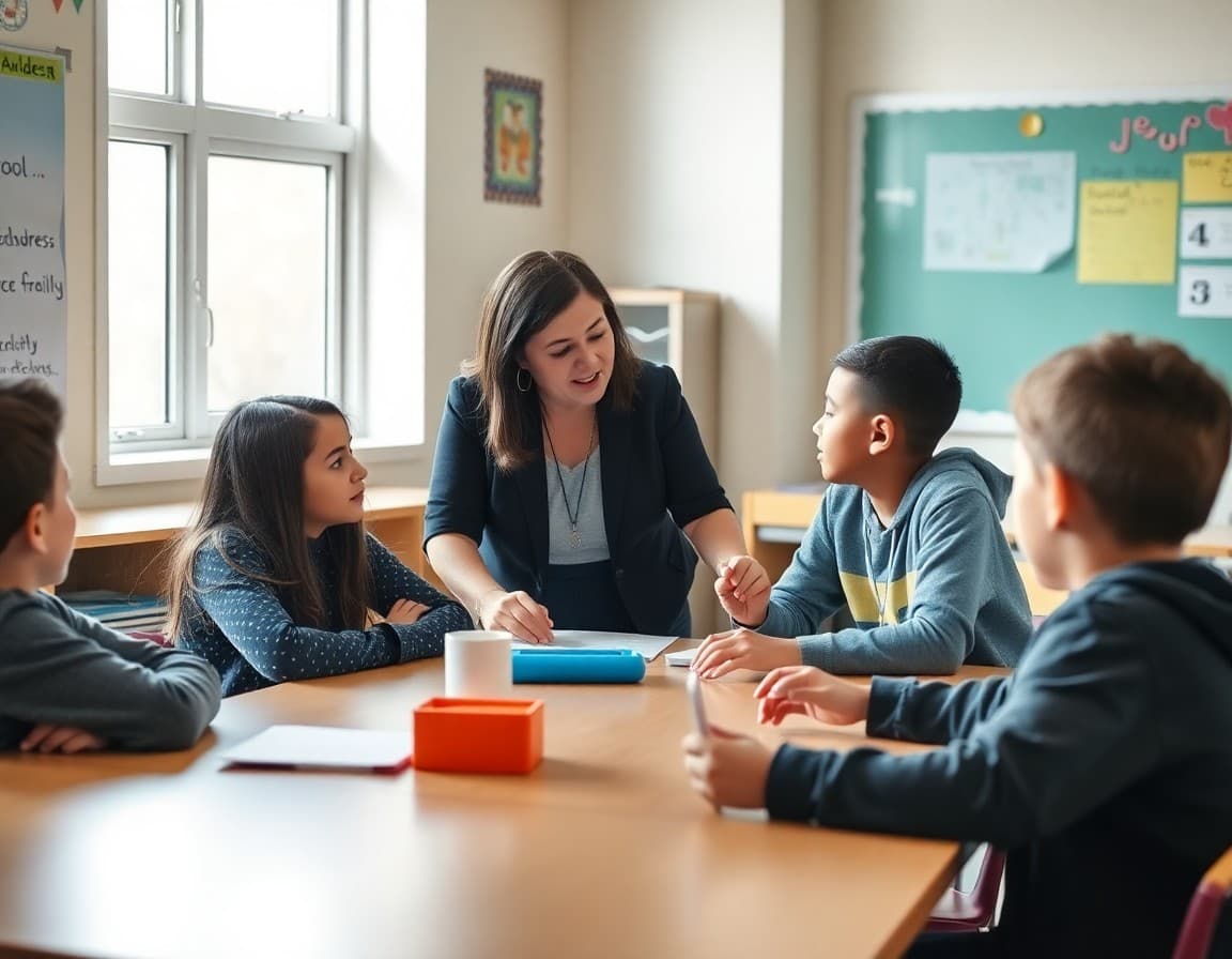 School counselor facilitating a social skills activity with students at a table